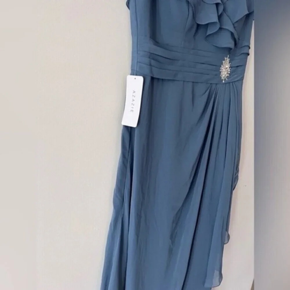 AZAZIE maxi dress A-Line Ruched Chiffon Floor-Length Dress Dusty Blue Size 10 - Picture 8 of 14